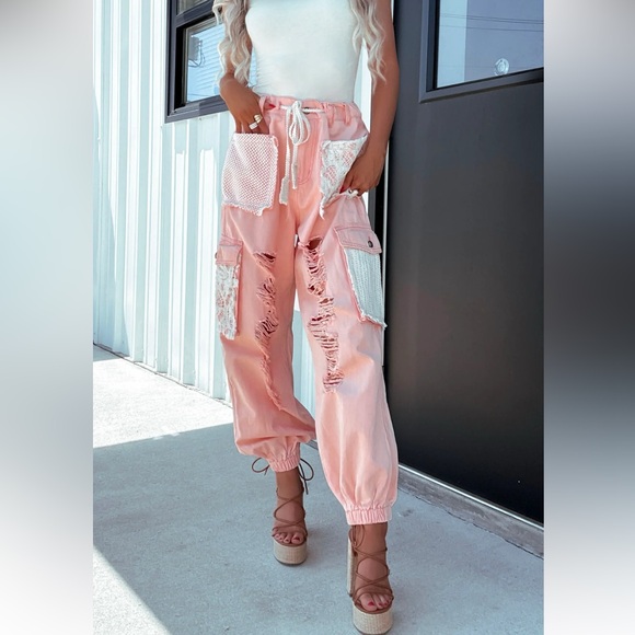 POL Clothing Peach Patchwork Crochet Lace Drawstring Distressed Jogger - Picture 5 of 10